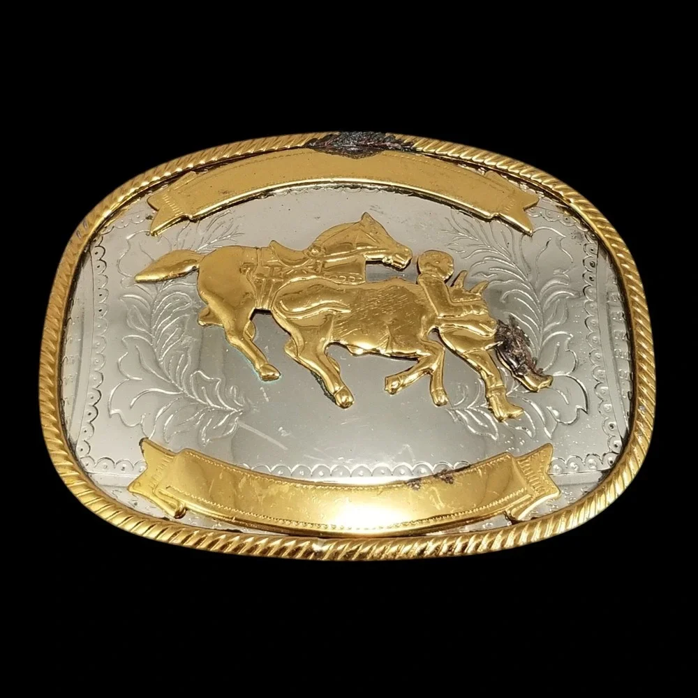 Vintage Belt Buckle Steer Wrestling German‎ Silver Gold Rodeo Western Oval